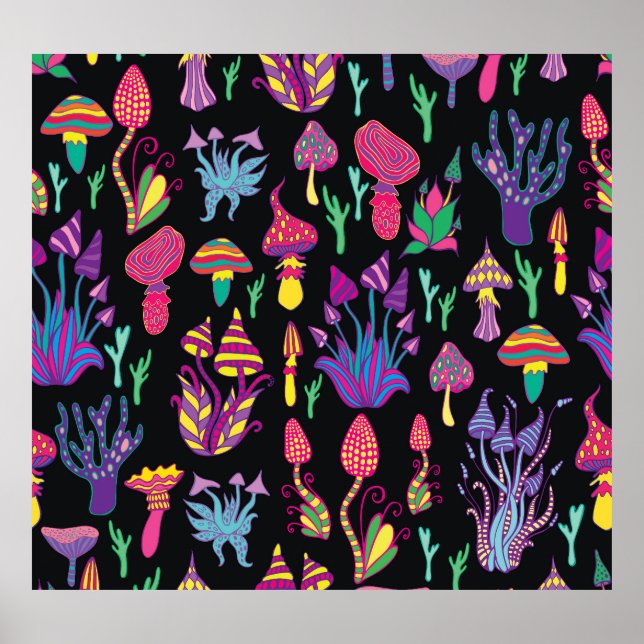 Psychedelic Mushrooms Rainbow Colours Pattern Poster (Front)