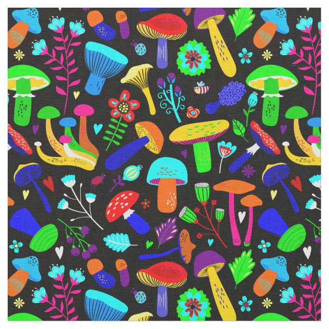 psychedelic mushrooms retro floral vibrant fabric (Close Up)