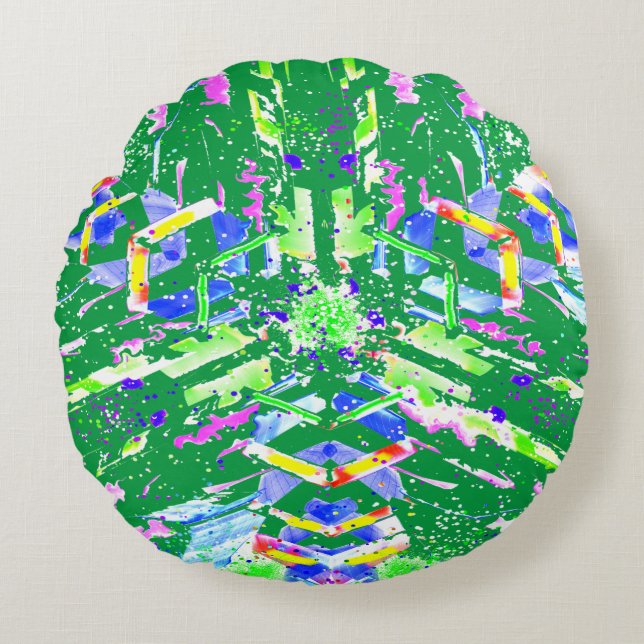 Psychedelic Neon Abstract Kaleidoscope Art  Round Pillow (Front)