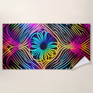 Psychedelic Neon Lines with Flower Art Beach Towel