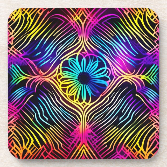 Psychedelic Neon Lines with Flower Art Coaster (Front)