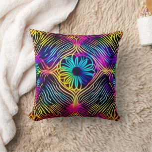 Psychedelic Neon Lines with Flower Art Throw Pillow