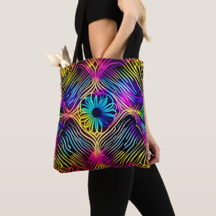 Psychedelic Neon Lines with Flower Art Tote Bag