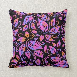 Psychedelic Neon Pink Purple Orange Print Black Throw Pillow