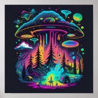 Psychedelic Neon UFO and Alien Abduction Art
