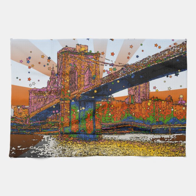 Psychedelic NYC: Brooklyn Bridge #1 Kitchen Towel (Horizontal)