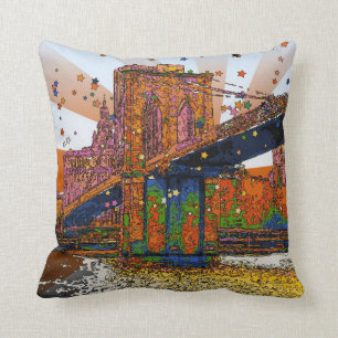 Psychedelic NYC: Brooklyn Bridge #1 Throw Pillow