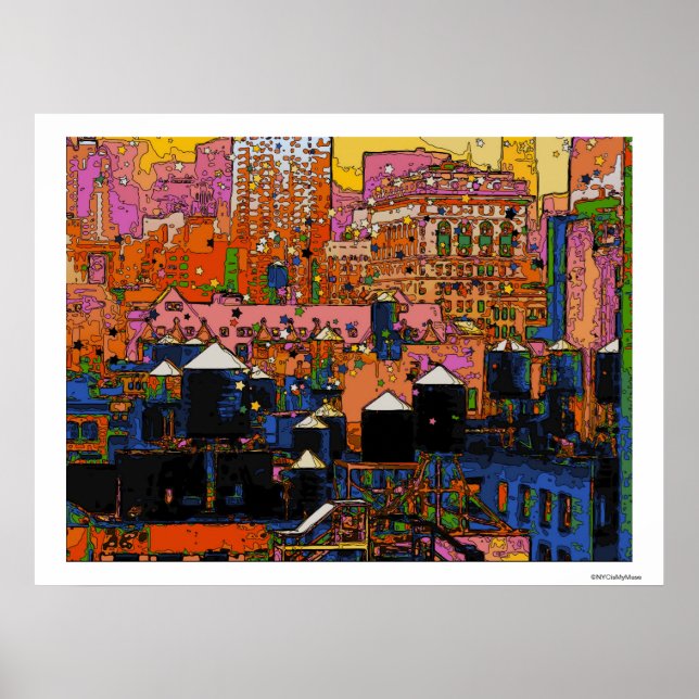 Psychedelic NYC: NYC Water Towers in Winter #9 Poster (Front)