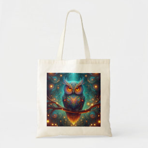 Psychedelic Owl in a Cosmic Forest Tote Bag