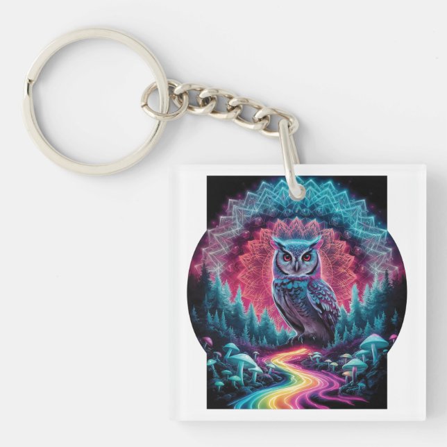 Psychedelic Owl Mandala - Trippy Forest Art Keychain (Front)