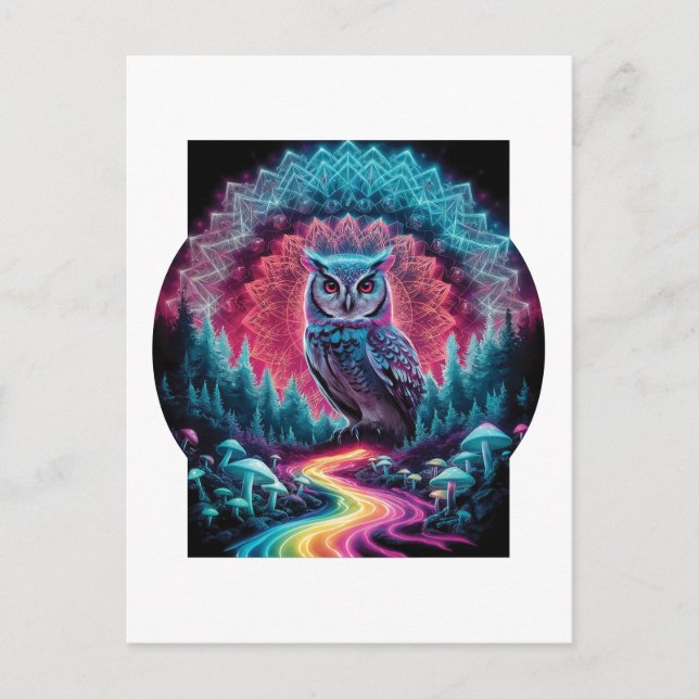 Psychedelic Owl Mandala - Trippy Forest Art Postcard (Front)