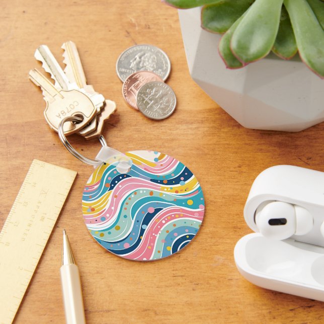 Psychedelic Pastel Rainbow Wave Design Keychain (Desk)