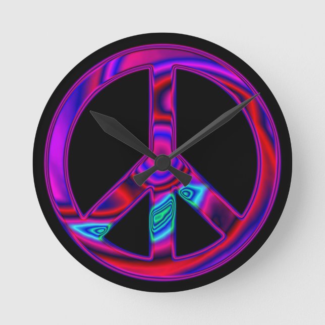 Psychedelic Peace Sign Black Round Clock (Front)