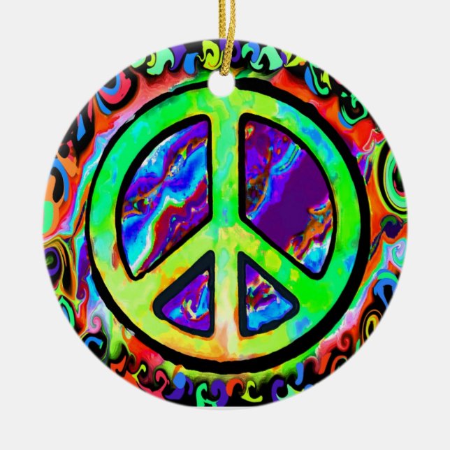 Psychedelic Peace Sign Christmas Ceramic Ornament (Front)
