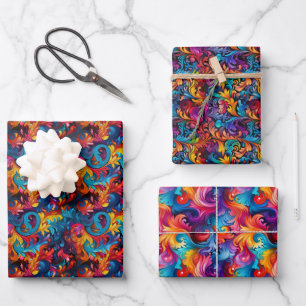 Psychedelic Peace Sign & Tie-Dye Swirls 3D Pattern Wrapping Paper Sheet