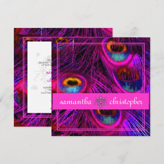 PSYCHEDELIC PEACOCK/ADJUSTABLE HOT PINK BANNER INVITATION (Front/Back)
