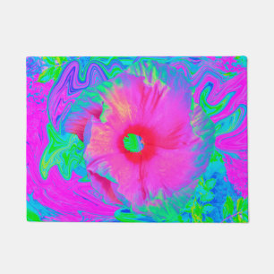 Psychedelic Pink and Red Hibiscus Flower Doormat