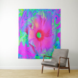 Psychedelic Pink and Red Hibiscus Flower Tapestry
