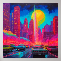 Psychedelic Pink Blue City Cars 