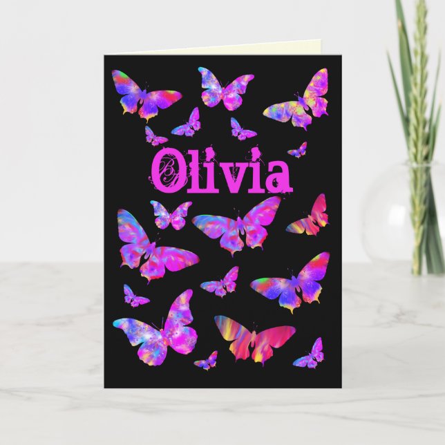 Psychedelic Pink Butterfly Pop Art Olivia Name Holiday Card (Front)