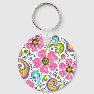 Psychedelic Pink Floral Swirls Graphic Art Keychain