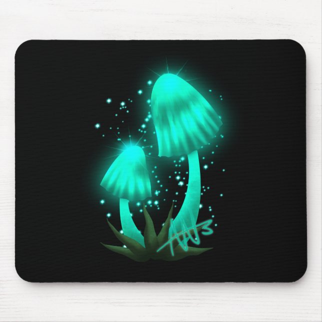 Psychedelic Pixie Cap Glowing Cyan Mushroom Mouse Pad (Front)