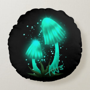 Psychedelic Pixie Cap Glowing Cyan Mushroom Round Pillow