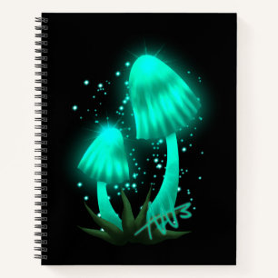 Psychedelic Pixie Cap Glowing Cyan Mushroom Spiral Notebook