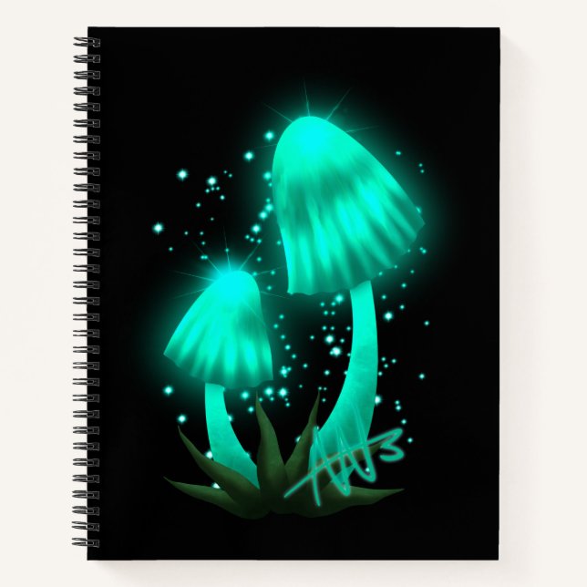 Psychedelic Pixie Cap Glowing Cyan Mushroom Spiral Notebook (Front)