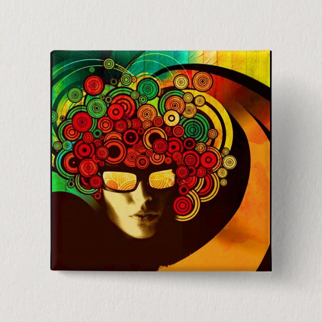 psychedelic pop art 2 inch square button (Front)