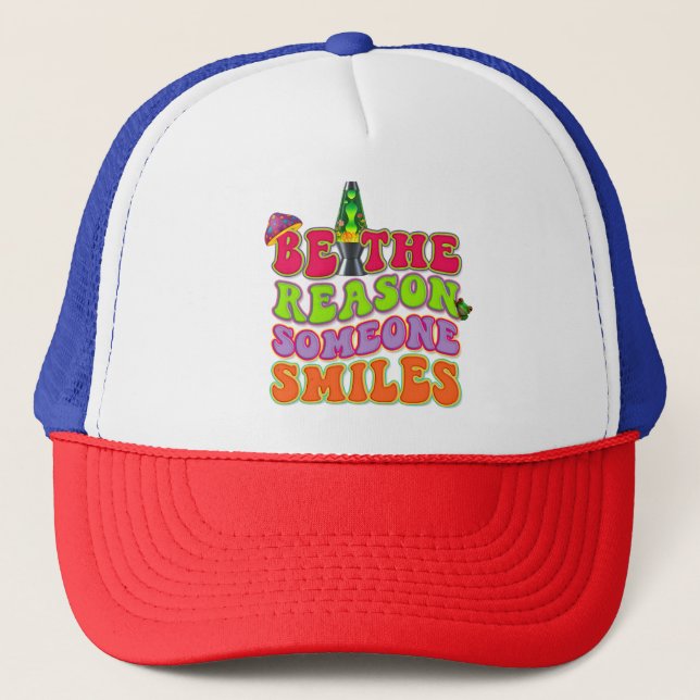 PSYCHEDELIC POSITIVE LAVA LAMP HIPPIE MUSHROOM TRUCKER HAT (Front)
