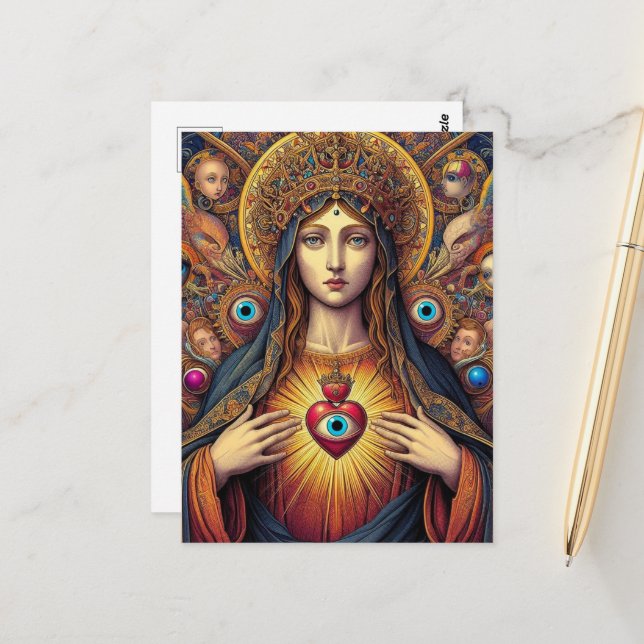 psychedelic Protection From Evil Mary Colorful Postcard (Front/Back In Situ)