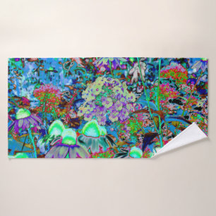 Psychedelic Purple and Lime Green Garden Flowers Bath Towel