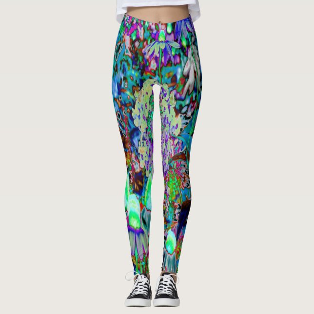 Psychedelic Purple and Lime Green Garden Flowers Leggings (Front)