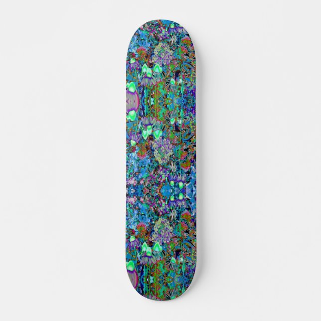 Psychedelic Purple and Lime Green Garden Flowers Skateboard (Front)