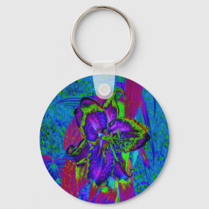 Psychedelic Purple and Lime Green Lily Flower Keychain