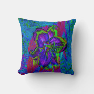Psychedelic Purple and Lime Green Lily Flower Throw Pillow