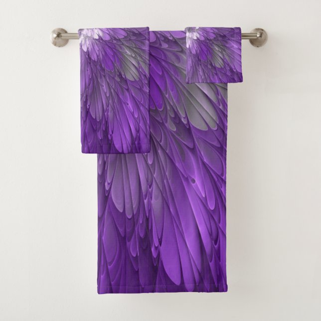 Psychedelic Purple Flower Abstract Fractal Art Bath Towel Set (Insitu)