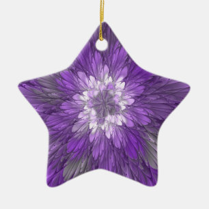 Psychedelic Purple Flower Abstract Fractal Art Ceramic Ornament