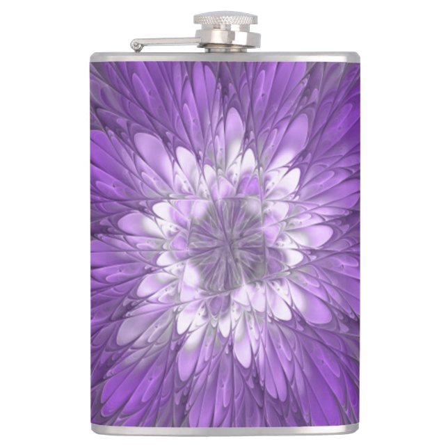 Psychedelic Purple Flower Abstract Fractal Art Hip Flask (Front)