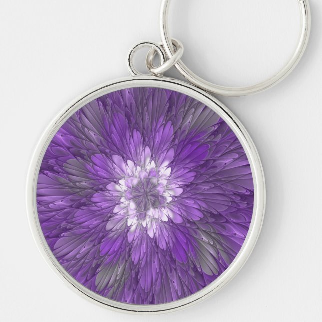 Psychedelic Purple Flower Abstract Fractal Art Keychain (Front)