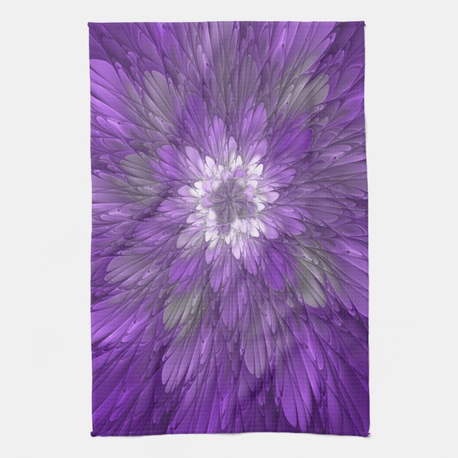 Psychedelic Purple Flower Abstract Fractal Art Kitchen Towel (Vertical)