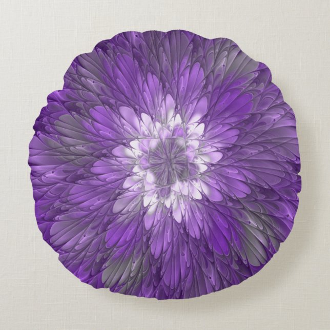 Psychedelic Purple Flower Abstract Fractal Art Round Pillow (Front)
