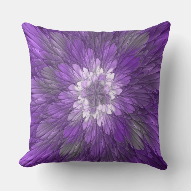 Psychedelic Purple Flower Abstract Fractal Art Throw Pillow (Front)