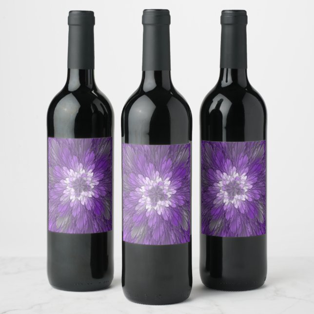 Psychedelic Purple Flower Abstract Fractal Art Wine Label (Bottles)