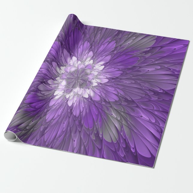 Psychedelic Purple Flower Abstract Fractal Art Wrapping Paper (Unrolled)