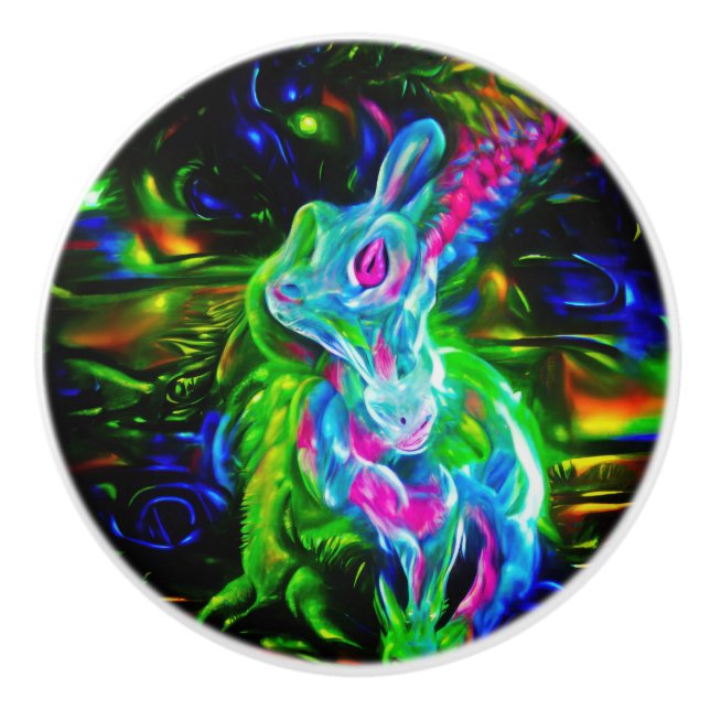 Psychedelic Rabbit Dragon in Neon Fantasy Ceramic Knob (Front)