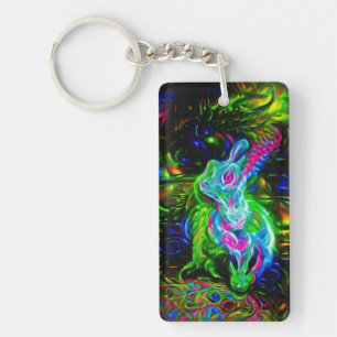 Psychedelic Rabbit Dragon in Neon Fantasy Keychain