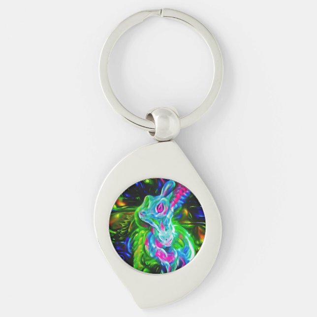 Psychedelic Rabbit Dragon in Neon Fantasy Keychain (Front)
