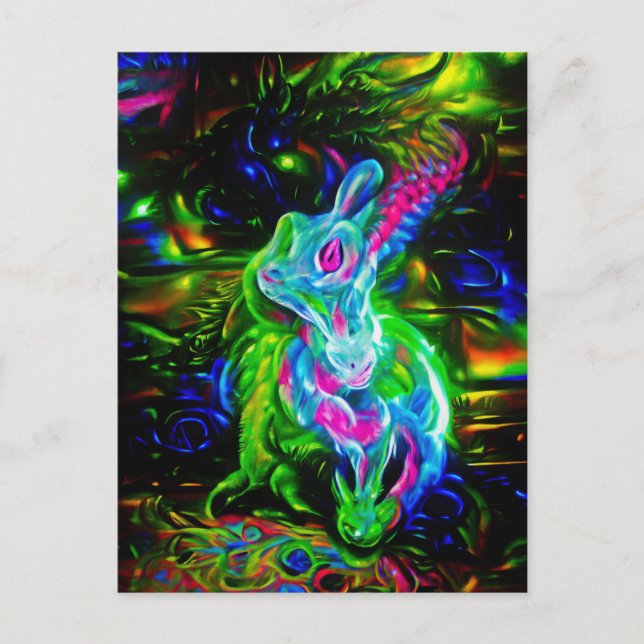 Psychedelic Rabbit Dragon in Neon Fantasy Postcard (Front)